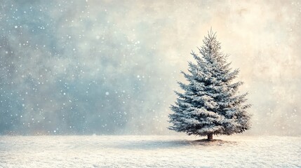 Fototapeta premium A lone evergreen tree stands in a snowy field, covered in fresh snow. The sky is filled with falling snowflakes.