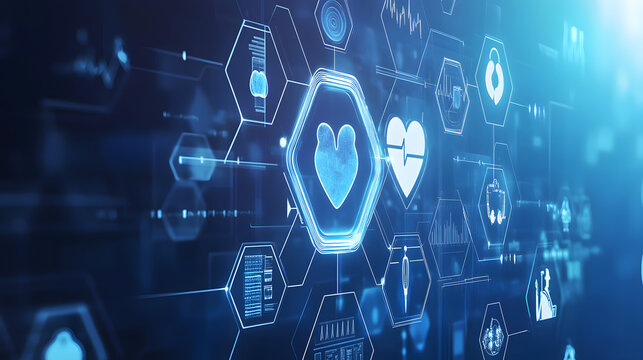 High-tech digital interface featuring heart and medical icons, representing advancements in healthcare technology and cardiovascular monitoring.