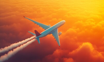 Commercial Airplane Soaring Through Vibrant Orange Sunset Sky Leaving White Exhaust Trail - Aerial Travel and Transportation Concept, Generative Ai
