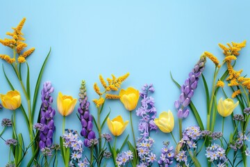 Yellow and purple flowers on pastel blue background. Spring concept.