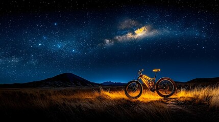 Obraz premium Thrilling Glowing Mesh Line Mountain Bike Ride on Luminous Trail through Starry Cosmic Landscape