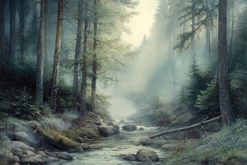 Obraz premium A Serene Stream Flowing Through a Misty Forest