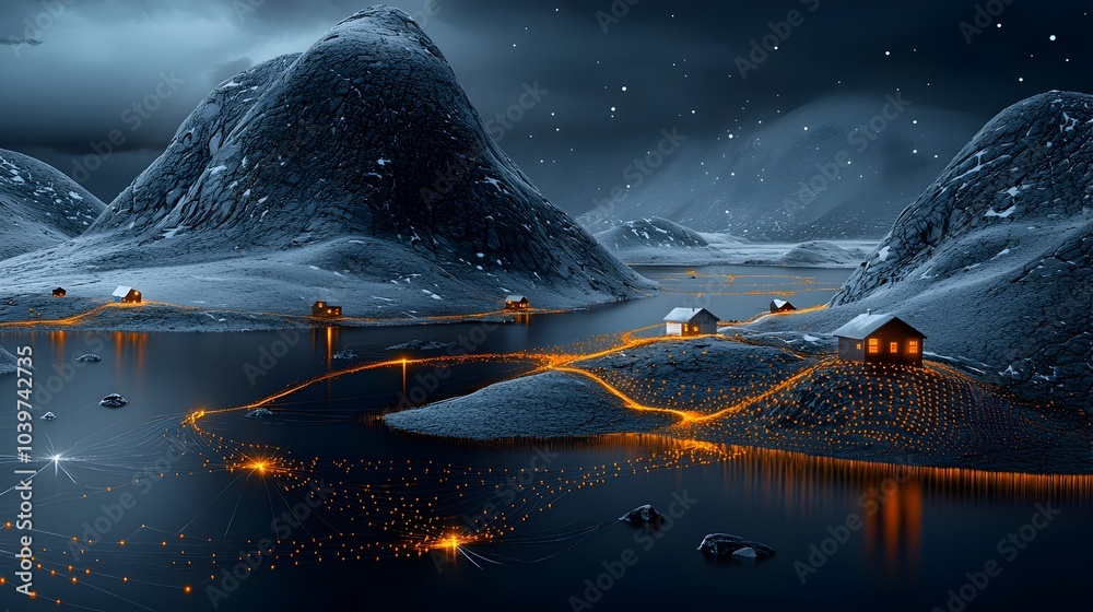 Aufkleber Tundra Landscape Glowing with Mesh Lines Showing Migrating Animal Paths   Ethereal and Dreamlike Digital Visualization of the Arctic Wilderness and Its Connected Ecosystem