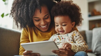 Mother and baby using a tablet in a modern living room, engaged in family time with a focus on learning and interaction through technology