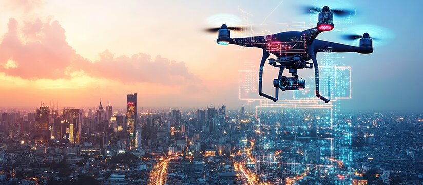 An autonomous drone flying above a smart city skyline capturing data with a glowing digital interface overlay on the scene - Powered by Adobe