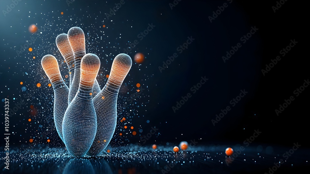 Poster vibrant futuristic image depicting glowing mesh bowling pins scattering after a striking impact from
