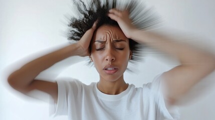 Fototapeta premium Person experiencing vertigo and balance disorder, holding their head with visible discomfort, as the room seems to spin