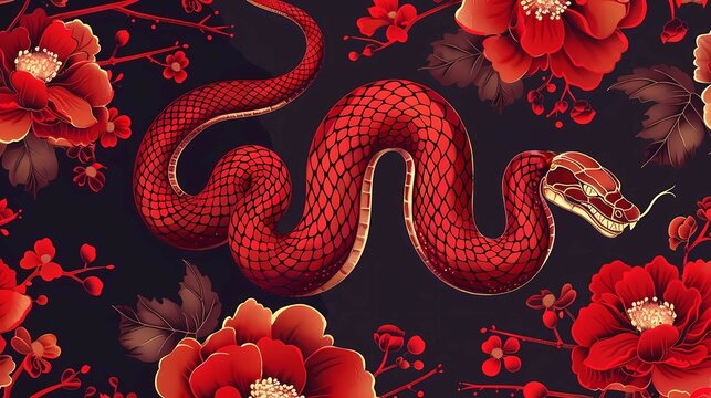 A red tree snake is a symbol of the new year 2025 on a dark background