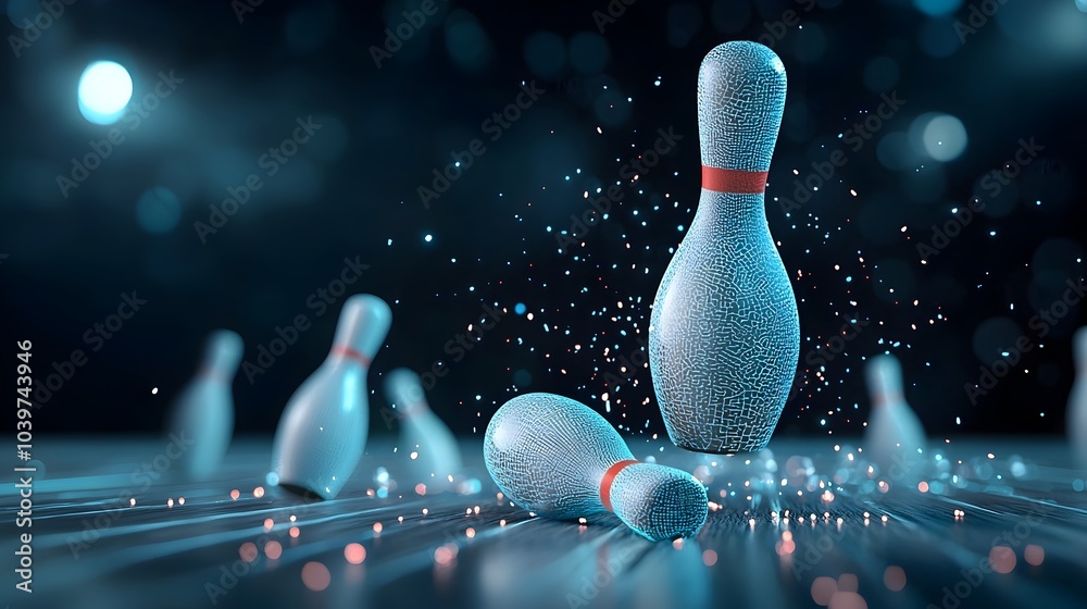 Poster vibrant neon bowling ball strikes and scatters a mesh of glowing geometric bowling pins in a dynamic
