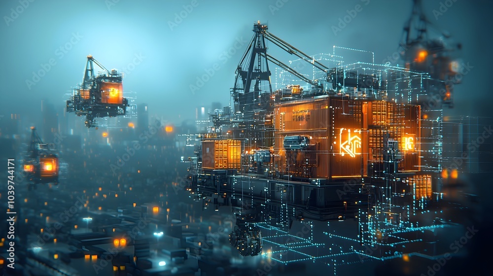 Poster Glowing mesh like lines visualize the movement of towering harbor cranes as they efficiently load and unload cargo containers at a busy maritime shipping terminal  This futuristic