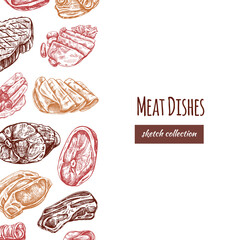 Meat  menu template in engraved vintage style. Hand-drawn sketches of barbecue meat pieces with herbs and seasonings. Background for meat restaurant.