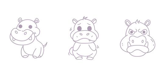 Fototapeta premium Adorable Outline Pygmy Hippopotamus Cartoon Minimalist Hand-Drawn Animal Illustration