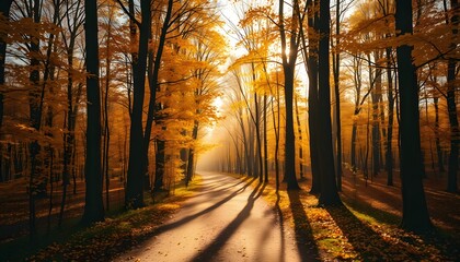 Fototapeta premium Sunbeams Illuminating a Path Through an Autumn Forest