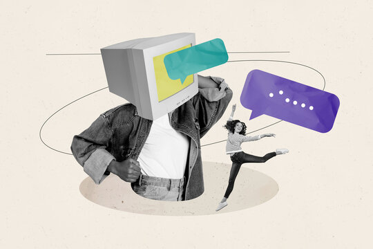 Composite photo collage of excited girl jump human instead head computer monitor bubble correspondence sms isolated on painted background