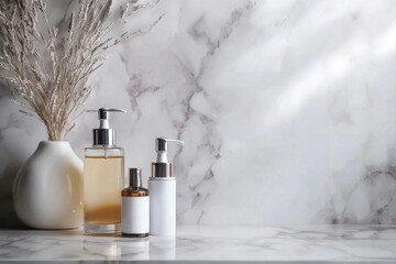 A stylish arrangement of skincare products, including a serum and moisturizer, on a light marble background. Soft focus enhances the elegance, leaving ample space for branding text 