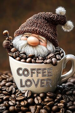 Little Gnome inside the cup of coffee. Generative Ai