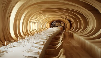 Fototapeta premium A minimalist dining room, where natural materials and arched design elements rule