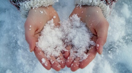 Fototapeta premium photograph of Close-up of hands playing with freshly fallen snow, engaging in winter