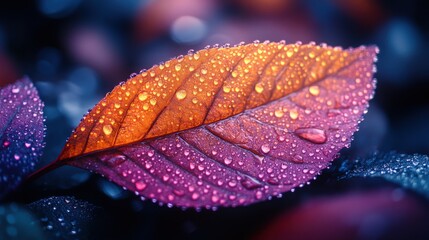 A vivid leaf adorned with sparkling water droplets reflects a spectrum of colors, creating a mesmerizing display of nature's beauty and simplicity.