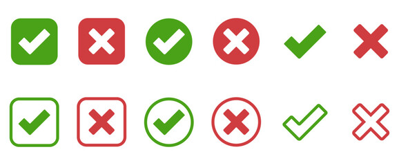 Button collection of a green checkmark, and red cross mark. Set of isolated tick symbols, checklist signs, approval badge. Flat, simple, modern yeas and no checkmark icon design. Vector illustration