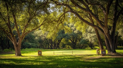 Fototapeta premium An archery range nestled in a serene forest glade, Targets amidst ancient oak trees, Forest sanctuary style