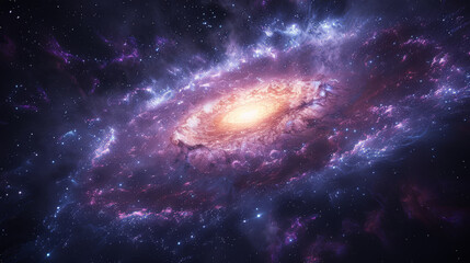 Obraz premium Majestic spiral galaxy with glowing center surrounded by vibrant nebula clouds and distant stars, showcasing a stunning cosmic scene in deep space with violet and blue hues.
