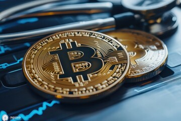 Bitcoin on a medical chart with a stethoscope, showing healthcare and finance overlap