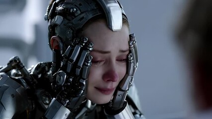 Upset emotional female cyborg cries, then brings her palms to her face. - Powered by Adobe