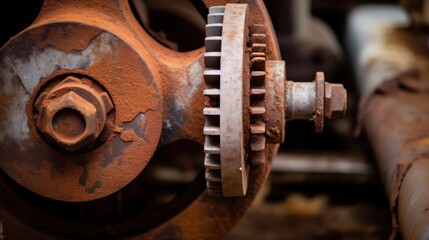 A detailed shot of a rusted metal wheel valve, highlighting its texture and the rugged beauty of aged industrial machinery.