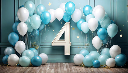 Stylish 4th Birthday Party  background, Modern Bunch of bright balloons on light blue background, Boy Fourth Birthday decorations with gifts and soft colors balloons. Banner design