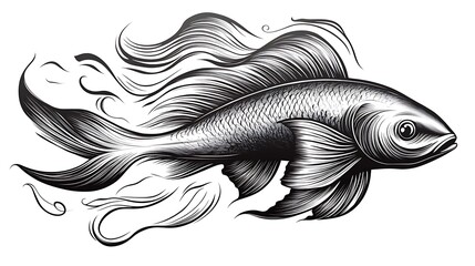 Minimalist line sketch of a swimming fish, its flowing fins creating elegant curves, drawn on a clean white background, capturing the fish&rsquo;s graceful movement through water, hd quality, soft lines,