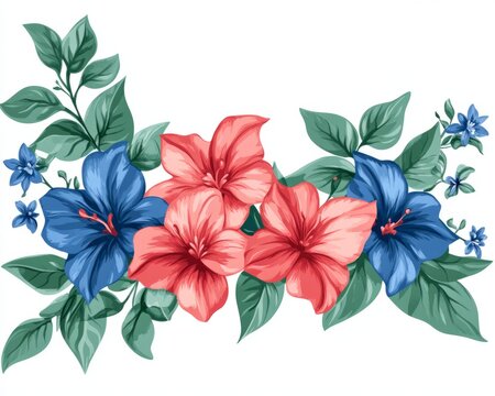 blue and red flowers with green leaves clip art preview