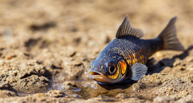 Freshwater fish with shiny scales and orange highlights on rocky terrain