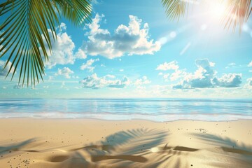 Golden tropical beach with palm leaves  sun rays  and copy space.