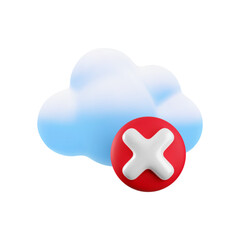 Vector cartoon 3d cloud computing error icon. Realistic render of cloud and red cross x sign. Wrong data storage concept, digital cloud technology online service failed sign, server disconnection.