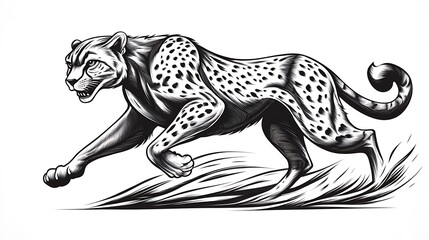Fototapeta premium Minimalist sketch of a cheetah in full sprint, simple and clean lines on a white backdrop, capturing the energy and grace of its movement, hd quality, natural feel, soft lines.