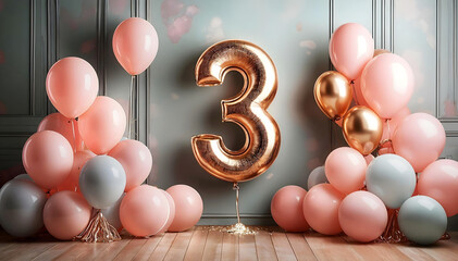 Stylish 3rd Birthday Party background, Modern Bunch of bright balloons on light pink background, Girl Third Birthday decorations with soft pink, mint and gold balloons. Banner design, space for text