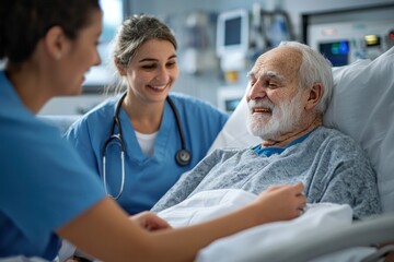 Fototapeta premium Senior patients receiving care in a modern geriatrics ward, with medical staff ensuring proper treatment in a well-equipped hospital