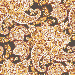 Paisley vector seamless pattern. Fantastic flower, leaves. Batik style painting. Vintage background