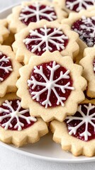 Fototapeta premium Beautifully arranged whole-wheat linzer tart cookies with vibrant jam, resembling snowflakes in a close-up culinary masterpiece