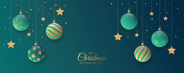Fototapeta premium Elegant holiday banner with realistic hanging Christmas baubles