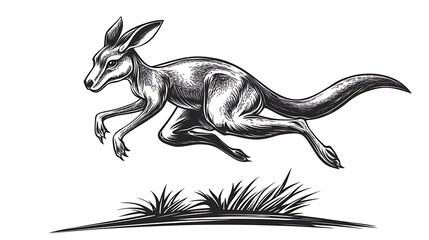 Obraz premium Minimalist sketch of a kangaroo in mid-jump, simple and clean lines on a white backdrop, capturing the energy and grace of the leap, hd quality, natural feel, soft lines. --ar 16:9 --sref https://s.