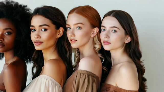 Four women with different hair colors and styles are standing next to each other. Concept of diversity and inclusivity, celebrating the beauty of different hair types and colors
