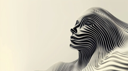 Abstract 3D Sculpted Woman Female Face with Layered Contours in a Minimalist Design, Featuring Flowing Lines and Monochrome Aesthetic