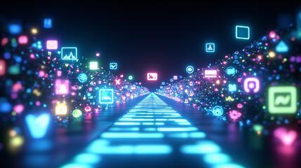 Neon-lit digital icons in a futuristic pathway