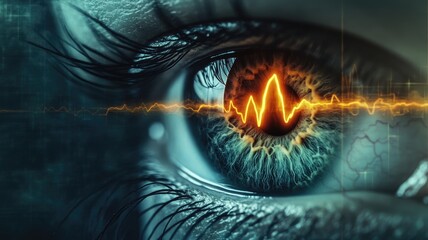 Close-up of human eye with vibrant digital waveform reflection
