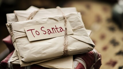 Wrapped gift with tag that says "To Santa" tied string