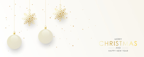 Fototapeta premium Elegant holiday banner with realistic hanging Christmas baubles