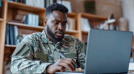 Veteran participating in an online education program, working from a home office, engaging with digital tools for continued learning