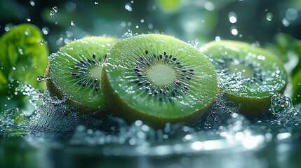 Slices of kiwi surrounded by splashes of water, showcasing freshness and vitality.